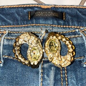 Roberto Cavalli Blue Denim Straight Leg Jeans with Gold Embellished Buckle